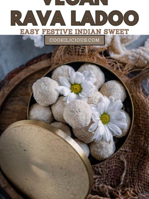 Delicious vegan and gluten-free Rava Laddu (Rava Ladoo) served in a brass dabba and text at the top.