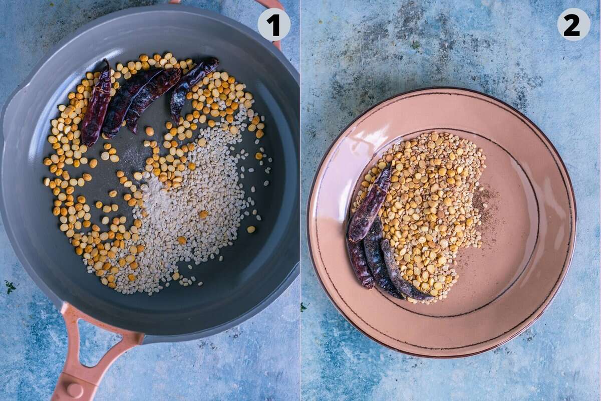 2 image collage showing how to make sesame seeds powder to mix with rice.
