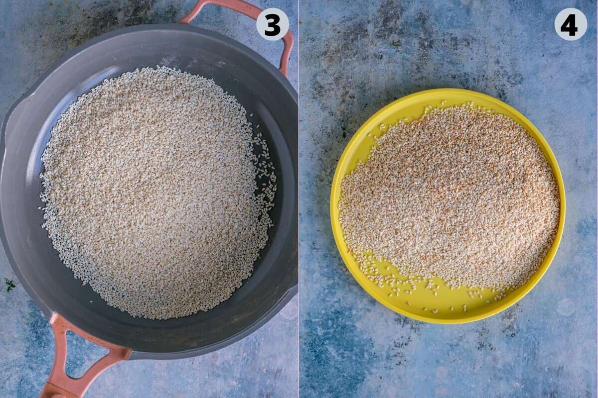 2 image collage showing the process of roasting sesame seeds to make ellu podi.