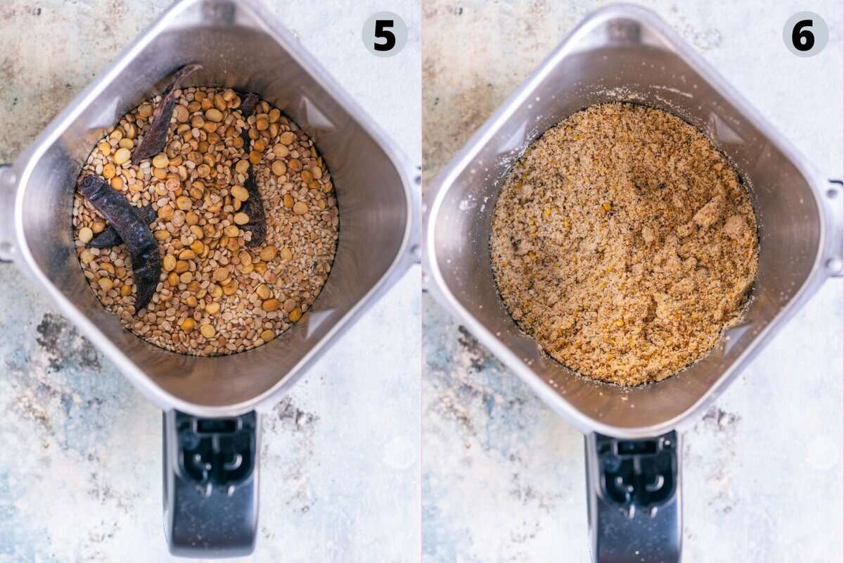 2 image collage showing how to make ellu podi at home.