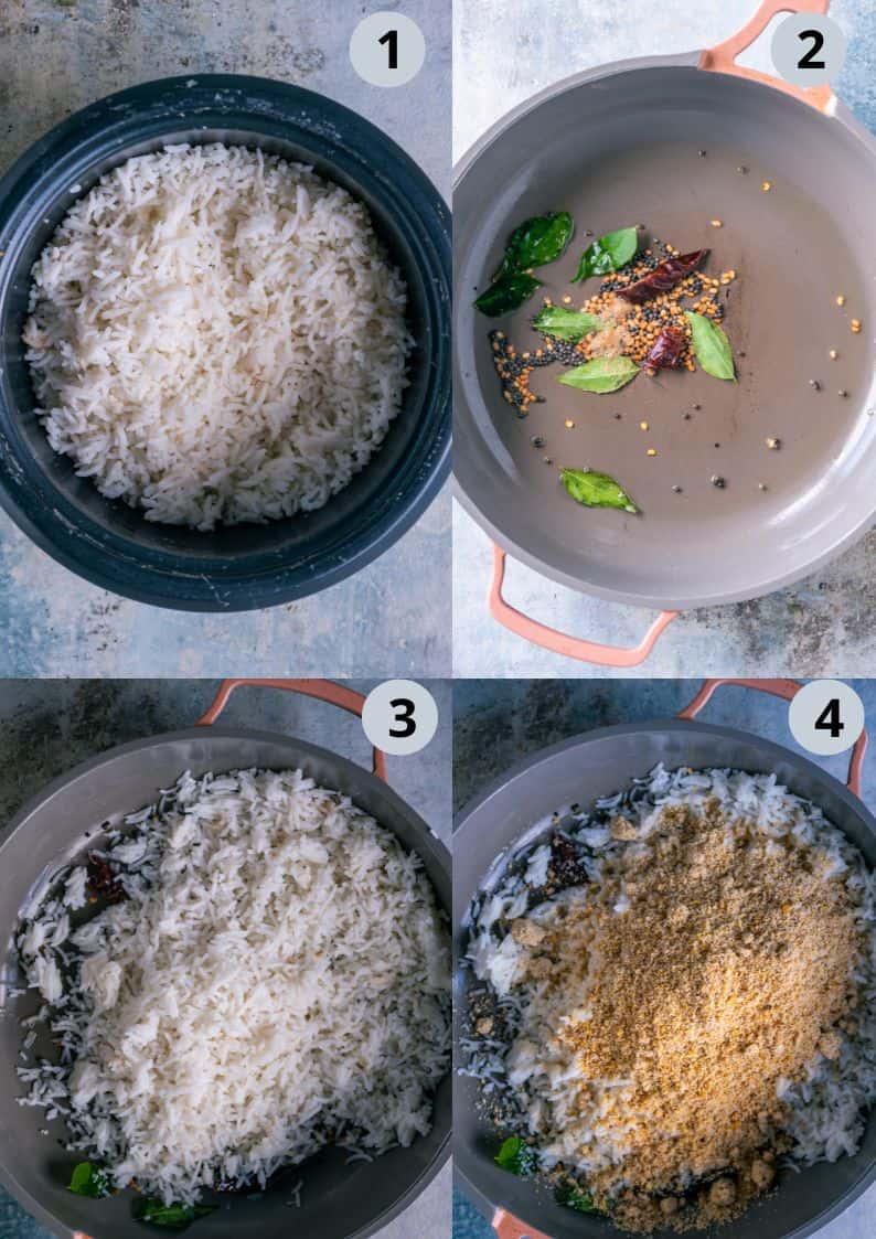 4 image collage showing how to make ellu podi sadam using precooked rice.