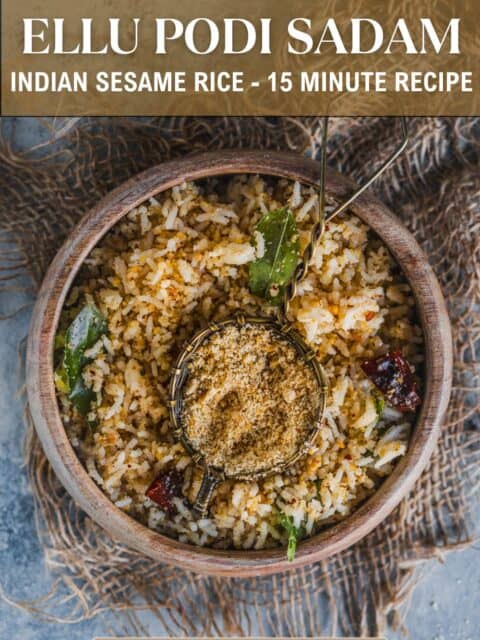 a bowl of sesame rice served with a small bowl filled with ellu podi in the middle and text at the top and bottom.