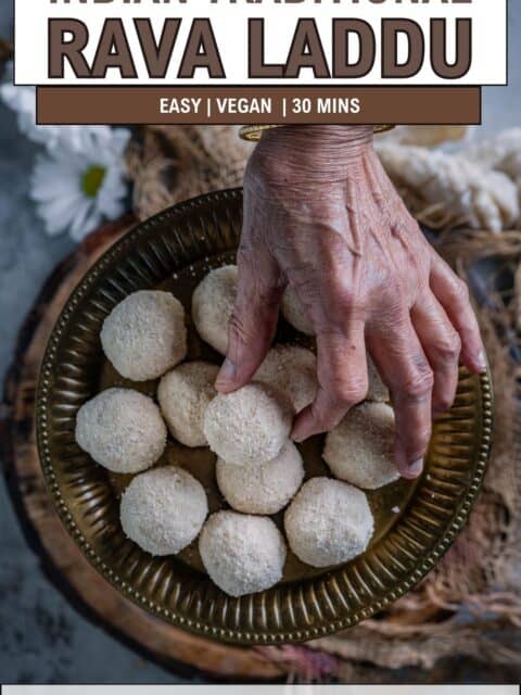 Quick and easy Rava Ladoo (Rava Laddu), a melt-in-your-mouth Indian sweet for Diwali or winter and text at the top and bottom.