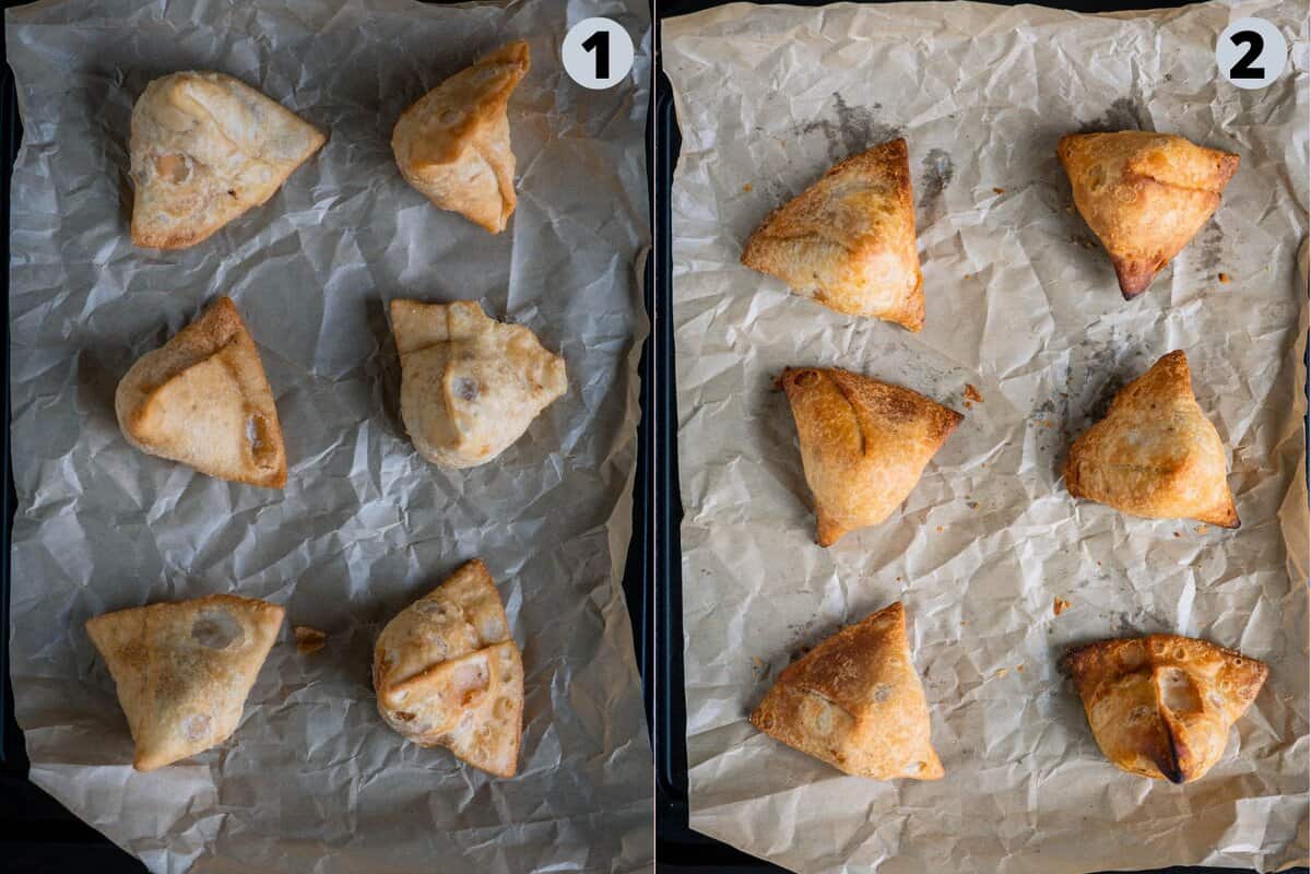Golden, crispy samosas baking in the oven, ready to be used for making easy samosa chaat with chole.