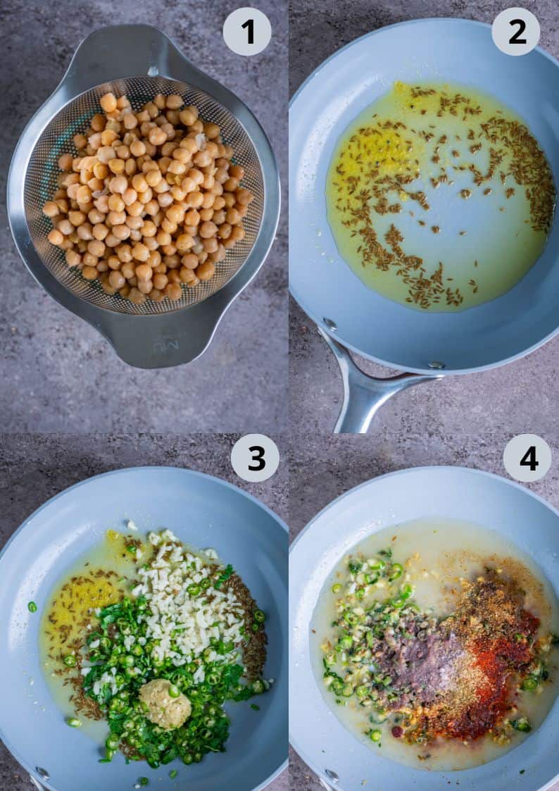 4 image collage showing how to make spicy chickpea curry with onions, garlic, ginger, and aromatic Indian spices for samosa chaat.