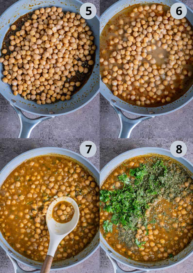 4 image collage showing the process of making chana recipe for samosa chaat.