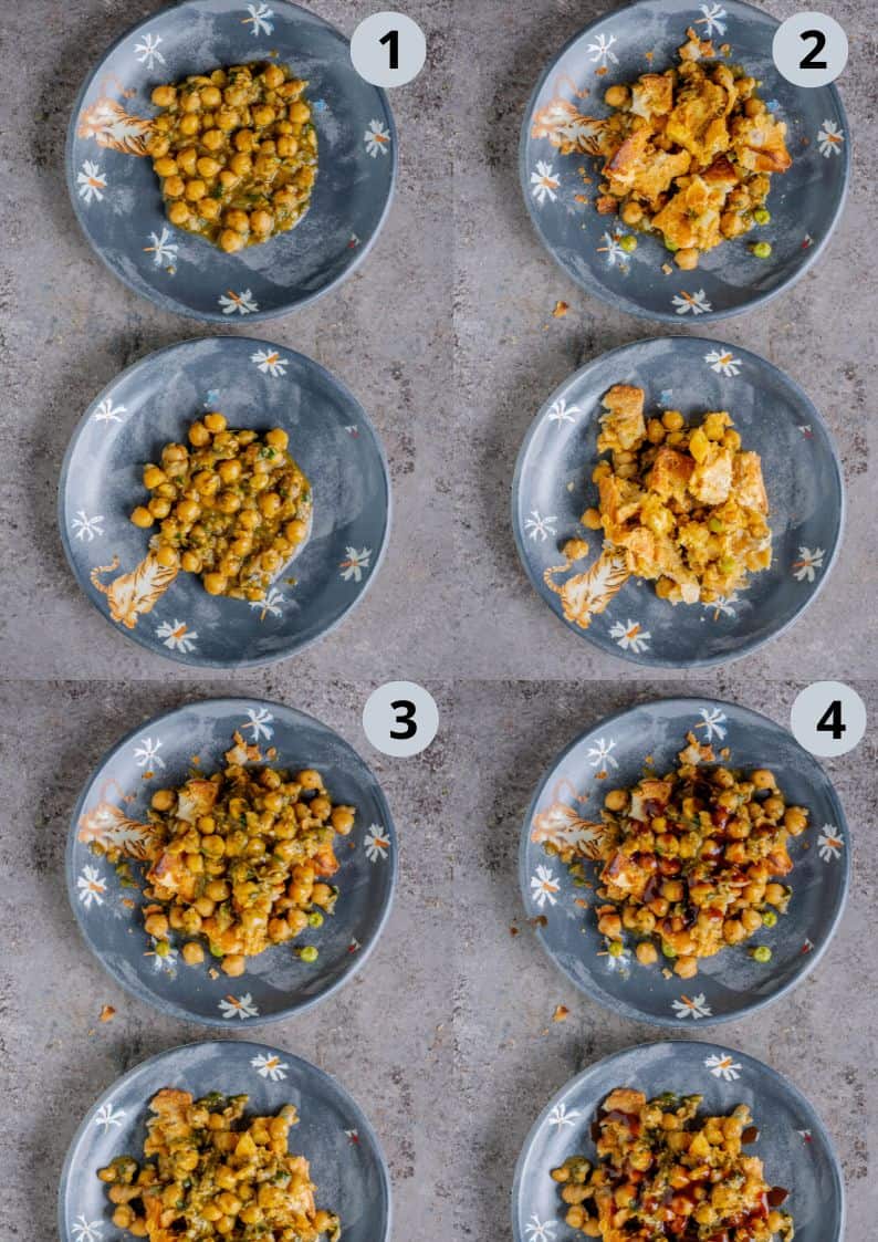 4 image collage showing how to assemble the samosa chaat at home.