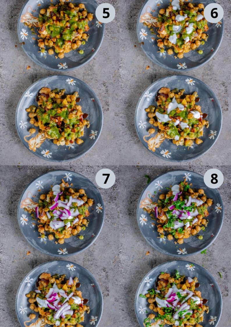 4 image collage showing how to add Final touches on samosa chaat with lemon juice, chopped cilantro, sliced onions, and crunchy sev.