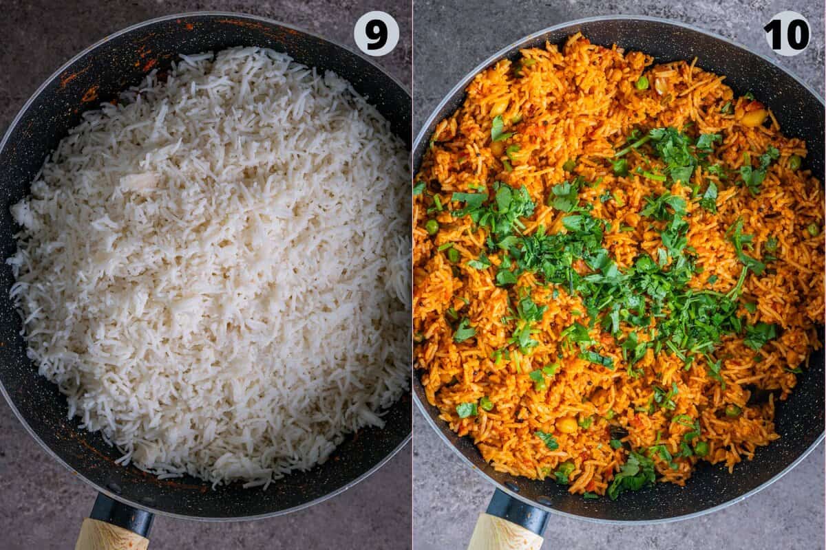 2 image collage showing how to make Thakkali sadam with leftover rice.