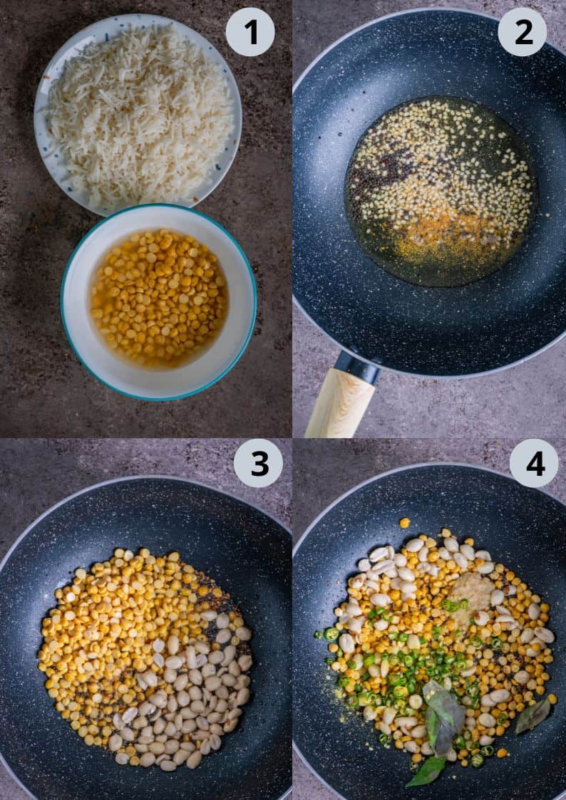 4 image collage showing the steps to make South Indian-style Tomato Rice at home.