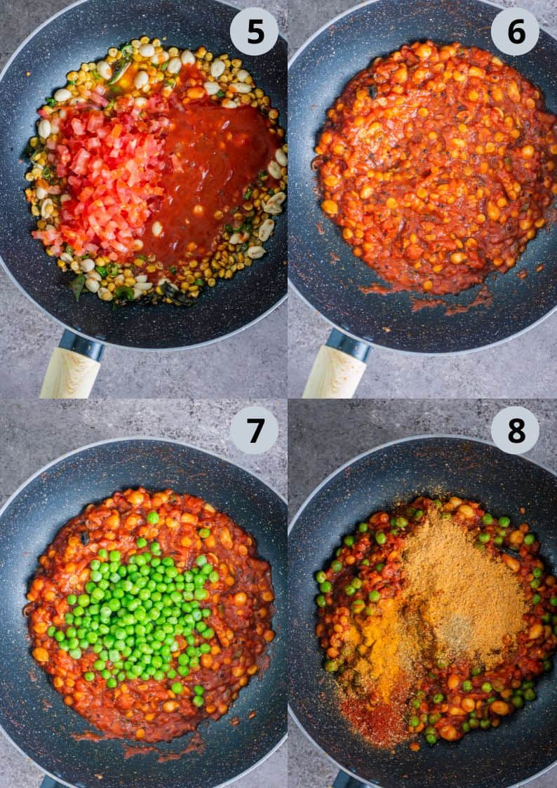 4 image collage showing how to make Thakkali Sadam at home.