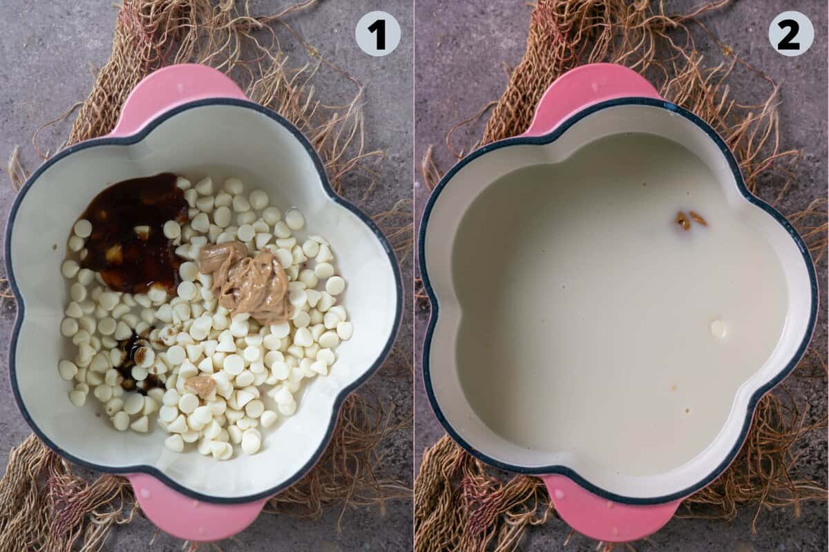 2 image collage showing how to make Starbucks copycat white chocolate mocha latte with vegan ingredients.