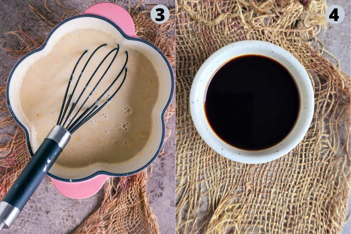2 image collage showing how to make creamy homemade café mocha latte with oat milk and espresso.
