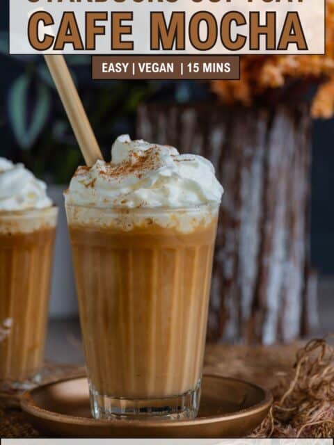 Warm and cozy vegan mocha coffee drink perfect for fall and winter mornings and text at the top and bottom.