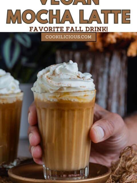 Rich and indulgent vegan café mocha in a cozy fall setting and text at the top.