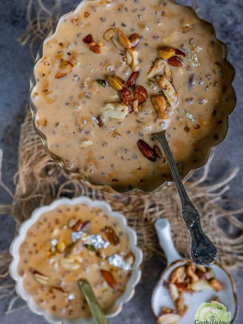 Traditional Indian dessert table featuring caramel sabudana kheer as the centerpiece.