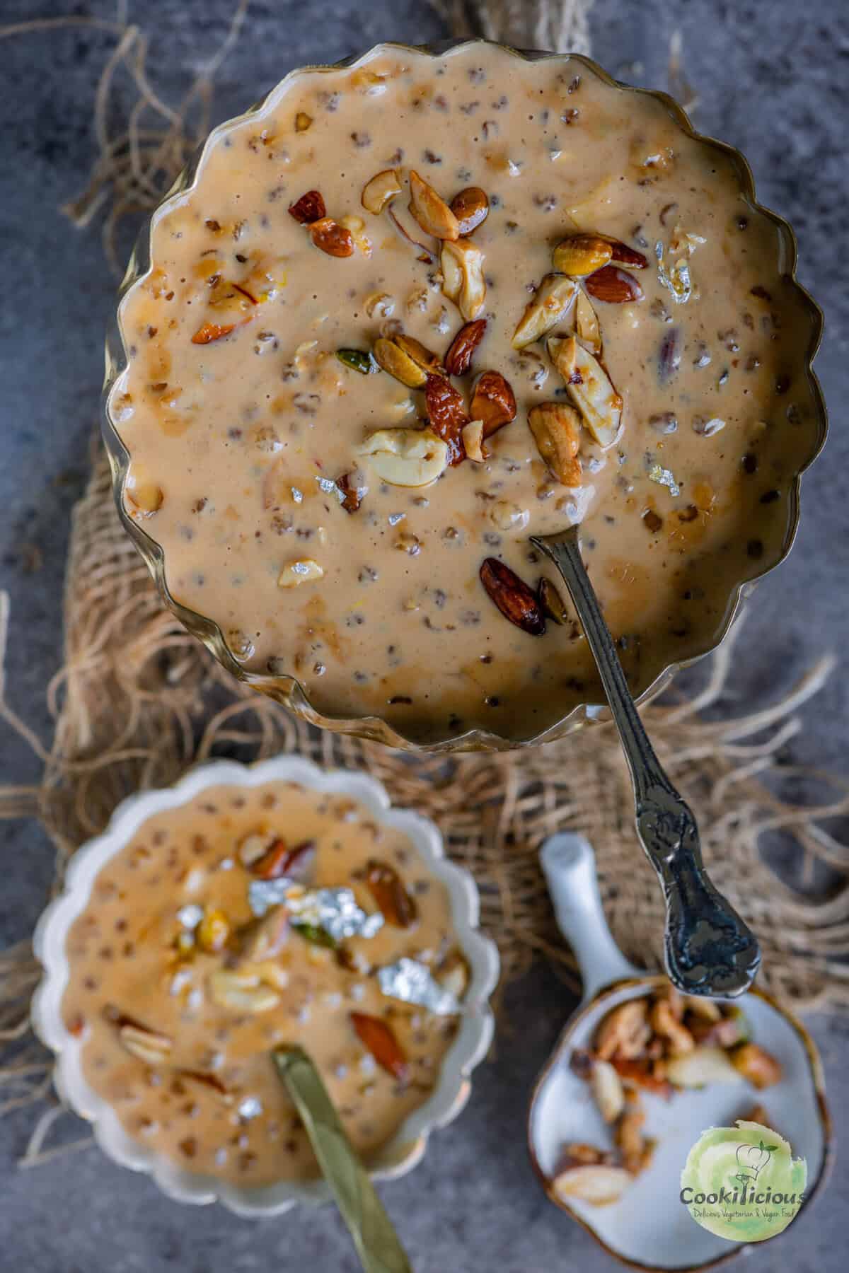 Traditional Indian dessert table featuring caramel sabudana kheer as the centerpiece.