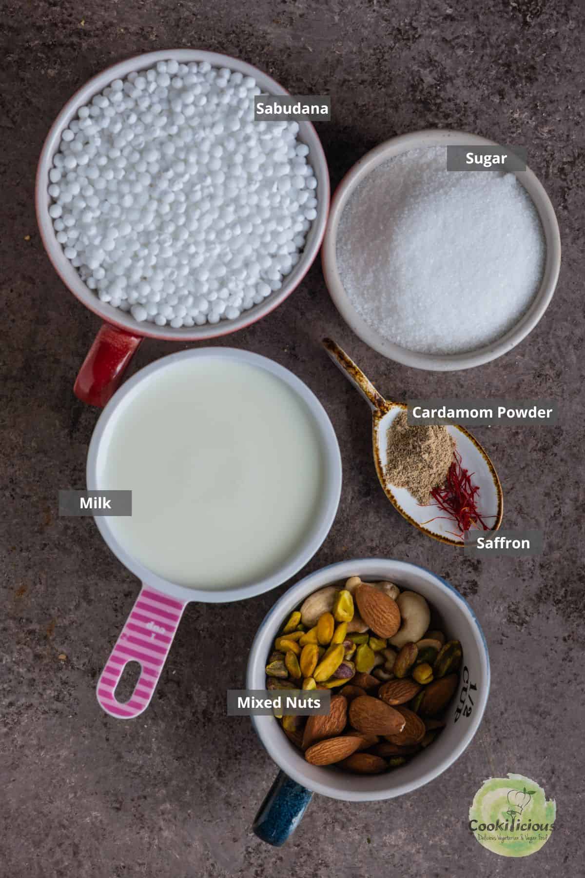 all the ingredients needed to make caramel sabudana kheer placed on a table with labels on them.