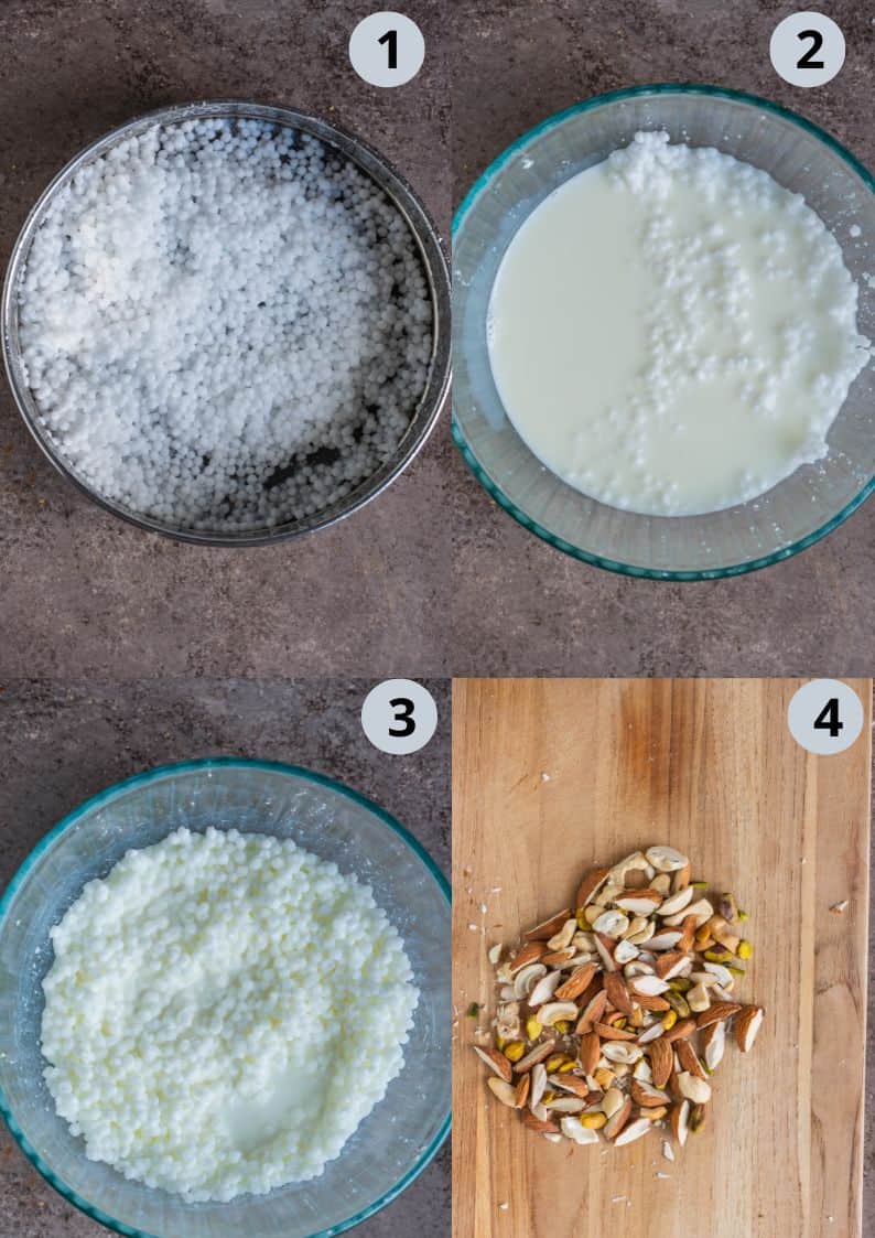 4 image collage showing how to make caramelized sabudana kheer at home.