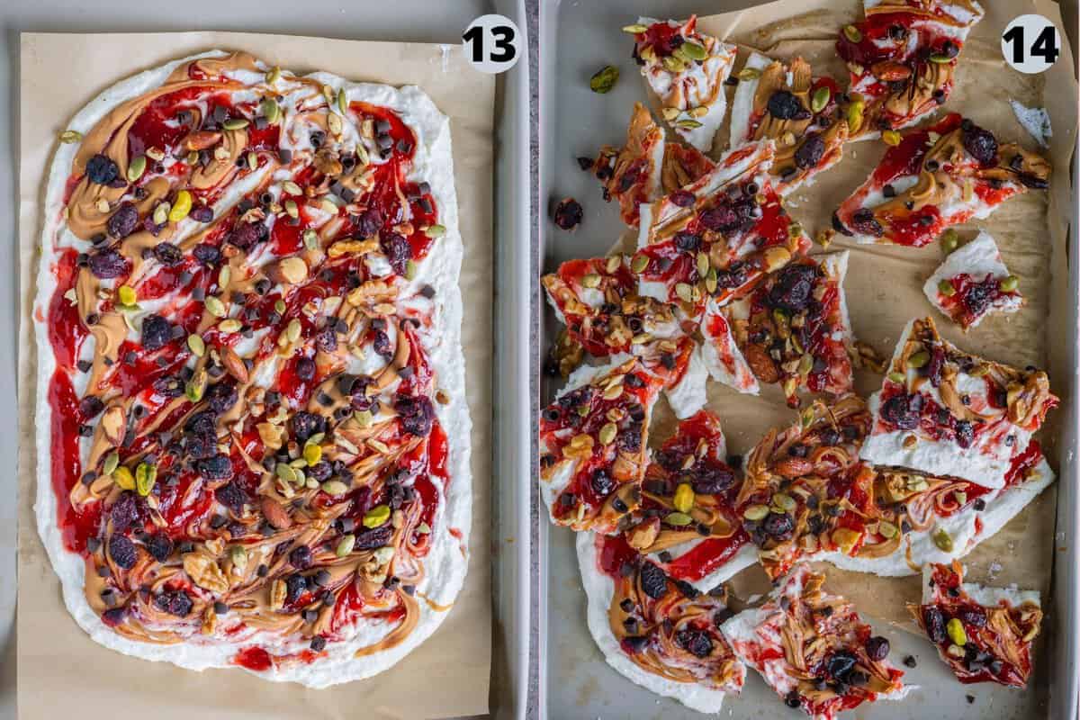 2 image collage showing how to make Protein-packed cottage cheese dessert bark with nuts, seeds, and chocolate curls for holiday snacking.