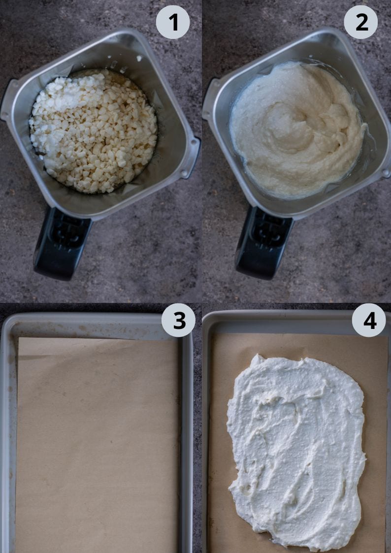 4 image collage showing how to make Viral high-protein cottage cheese bark recipe swirled with jam and nut butter, to be served as a festive frozen treat.