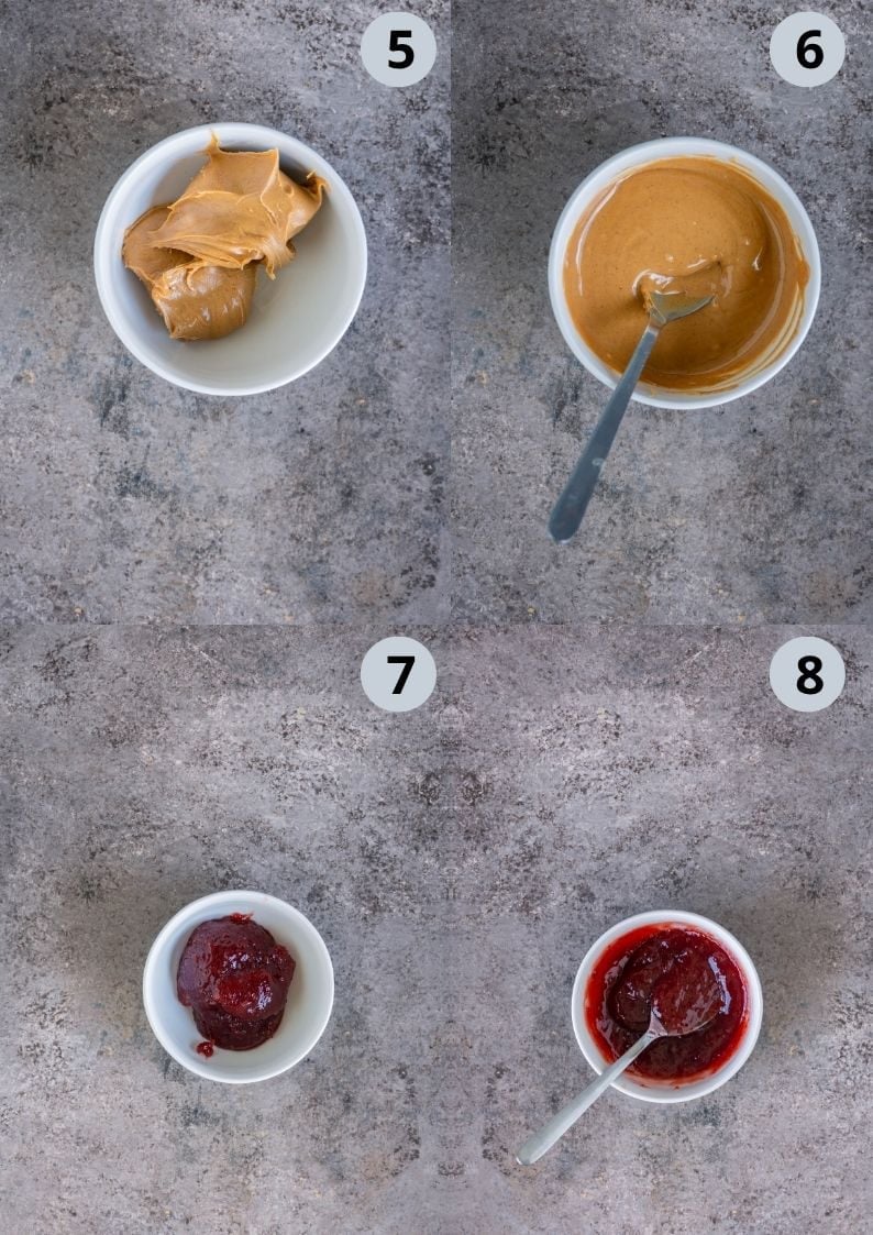 4 image collage showing how to prep the jam and peanut butter to make the cottage cheese dessert.