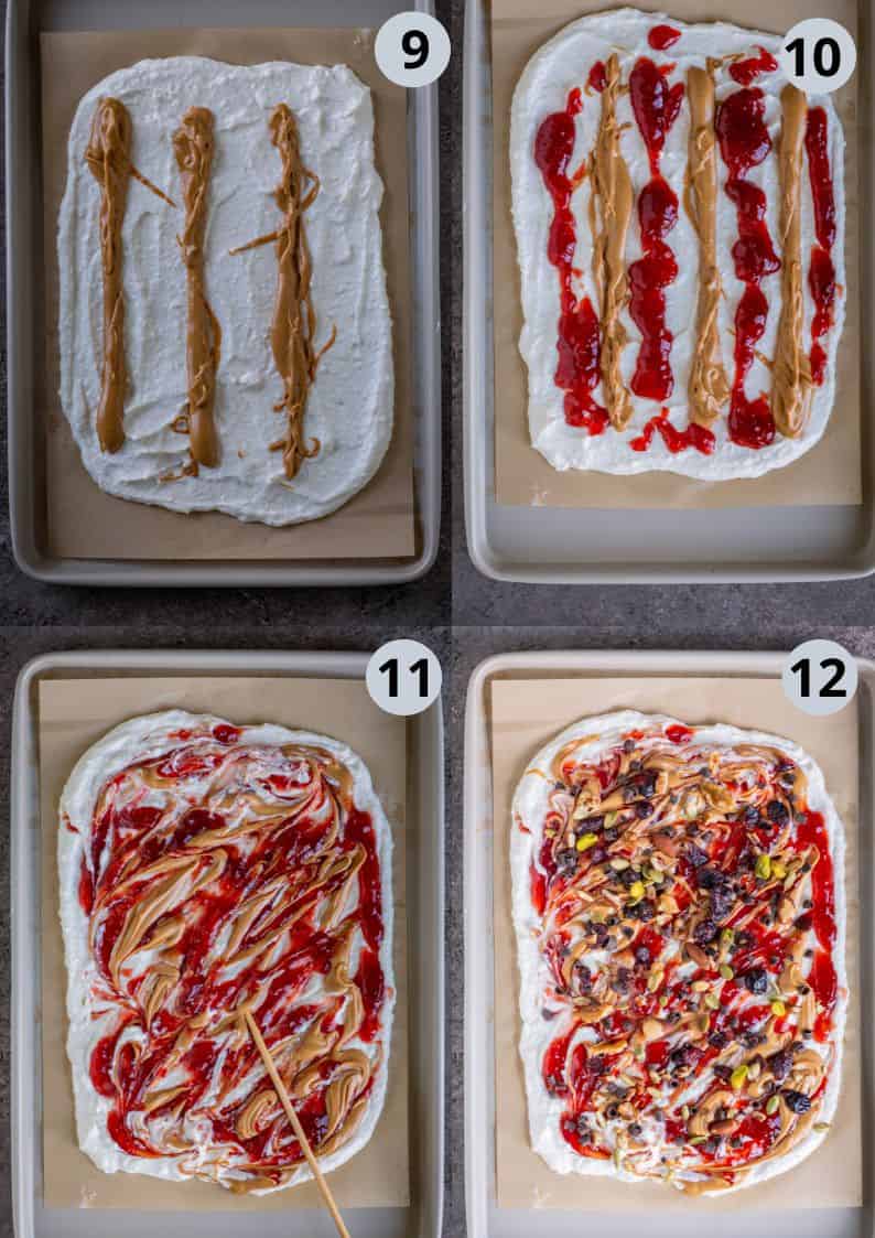 4 image collage showing the porcess of making High-protein PB&J-inspired frozen cottage cheese bark, a fun holiday dessert idea.
