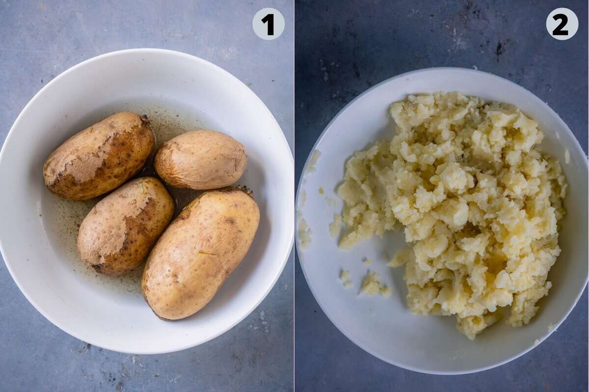 2 image collage showing how to cook the potatoes for dabeli.