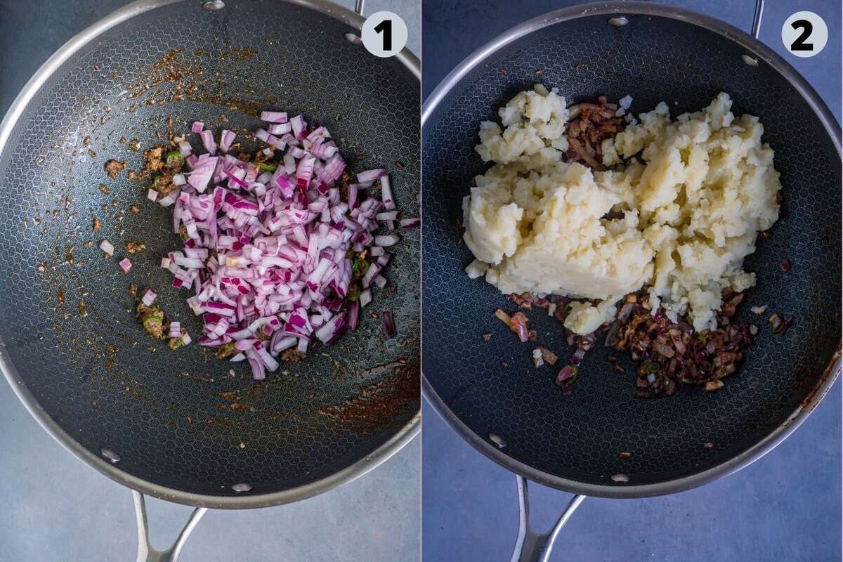 2 image collage showing how to make dabeli stuffing with spices, and mashed potatoes.