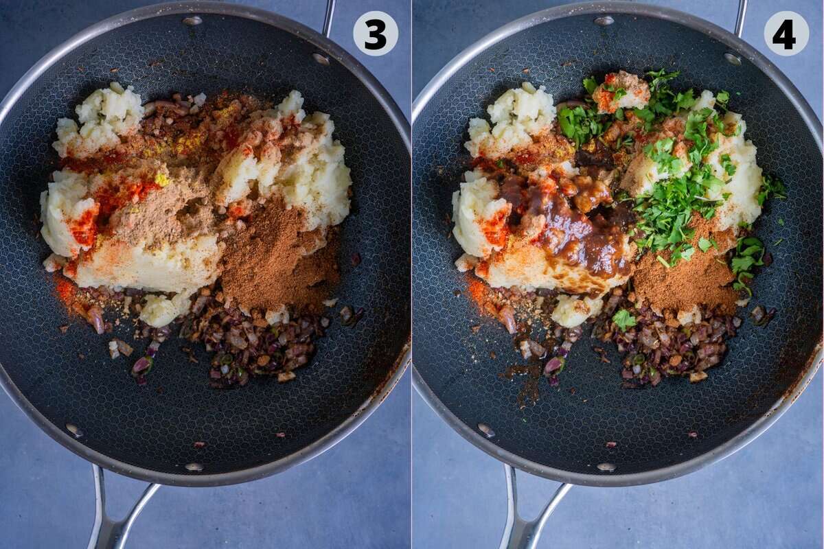 2 image collage showing the process of making dabeli stuffing.