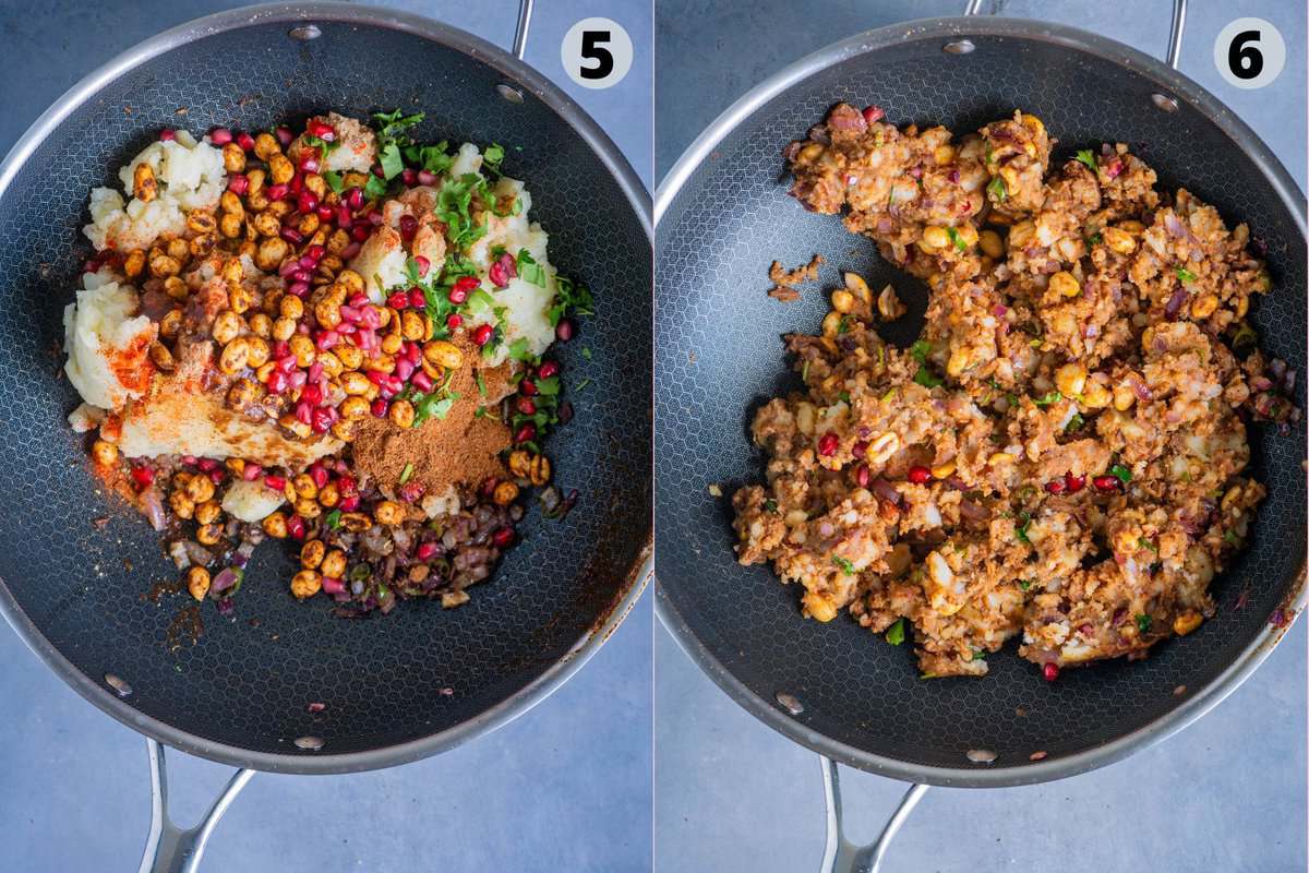 2 image collage showing how to make dabeli masala.