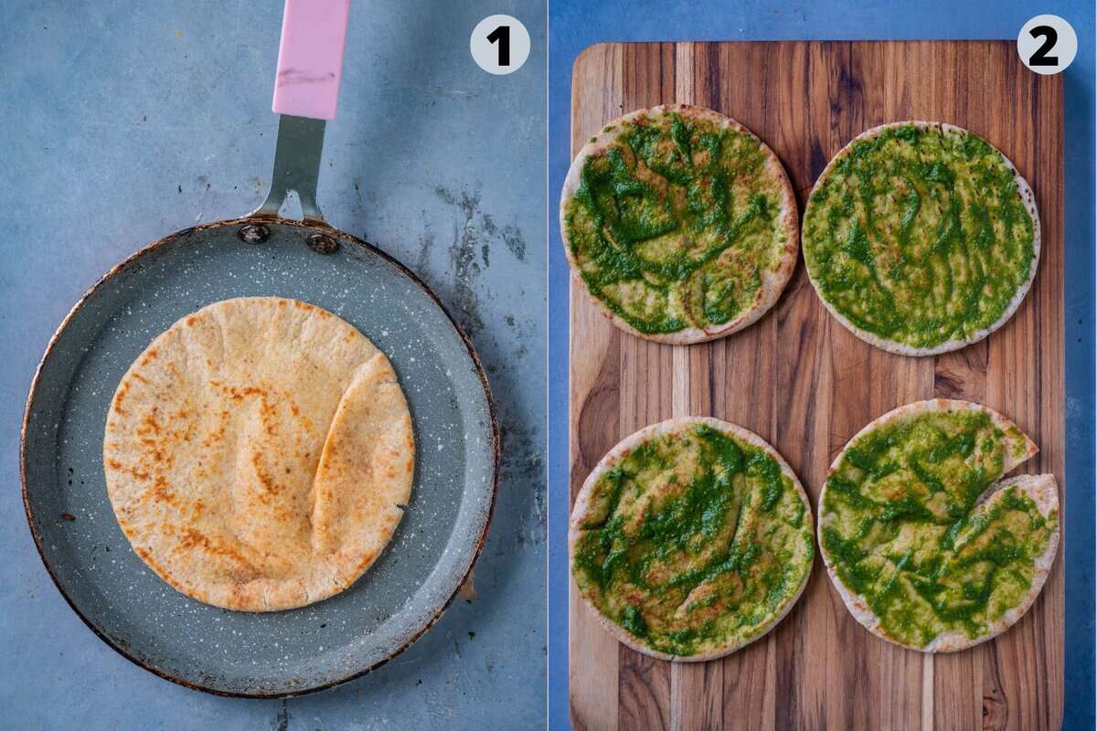 2 image collage showing how to make dabeli pizza with pita breads.