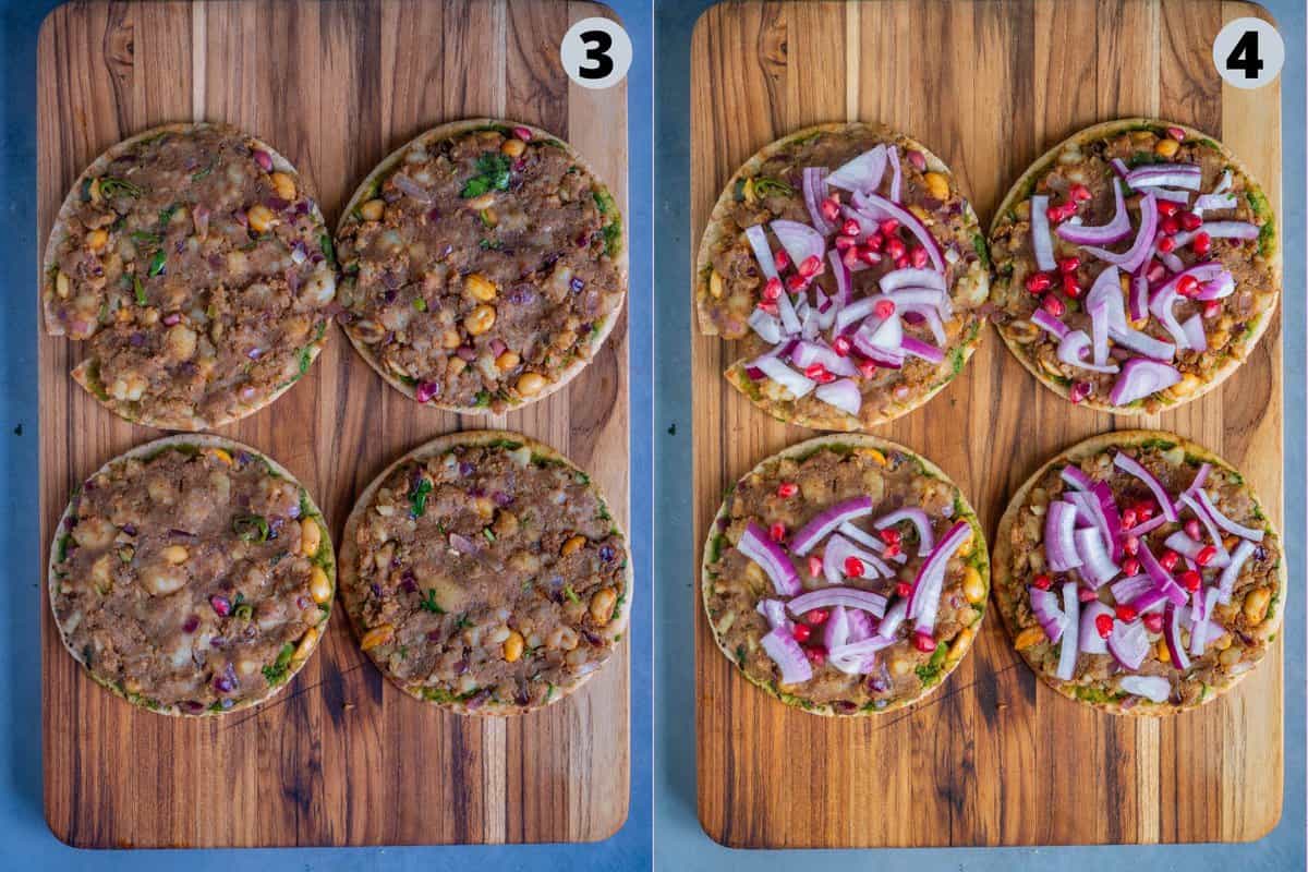 2 image collage showing how to make dabeli pita bread pizza.
