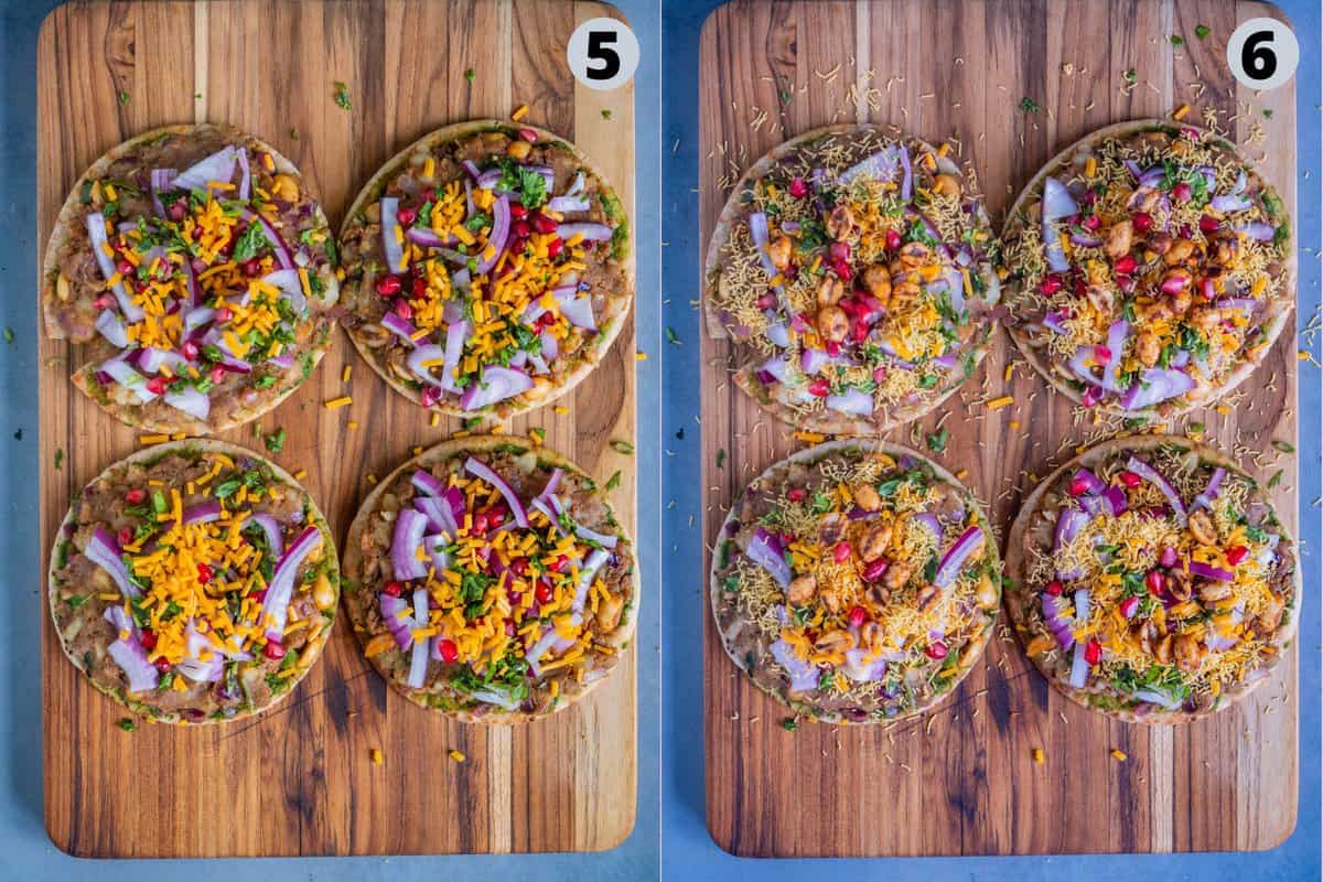 2 image collage showing how to assemble dabeli pizza using mini pita breads.