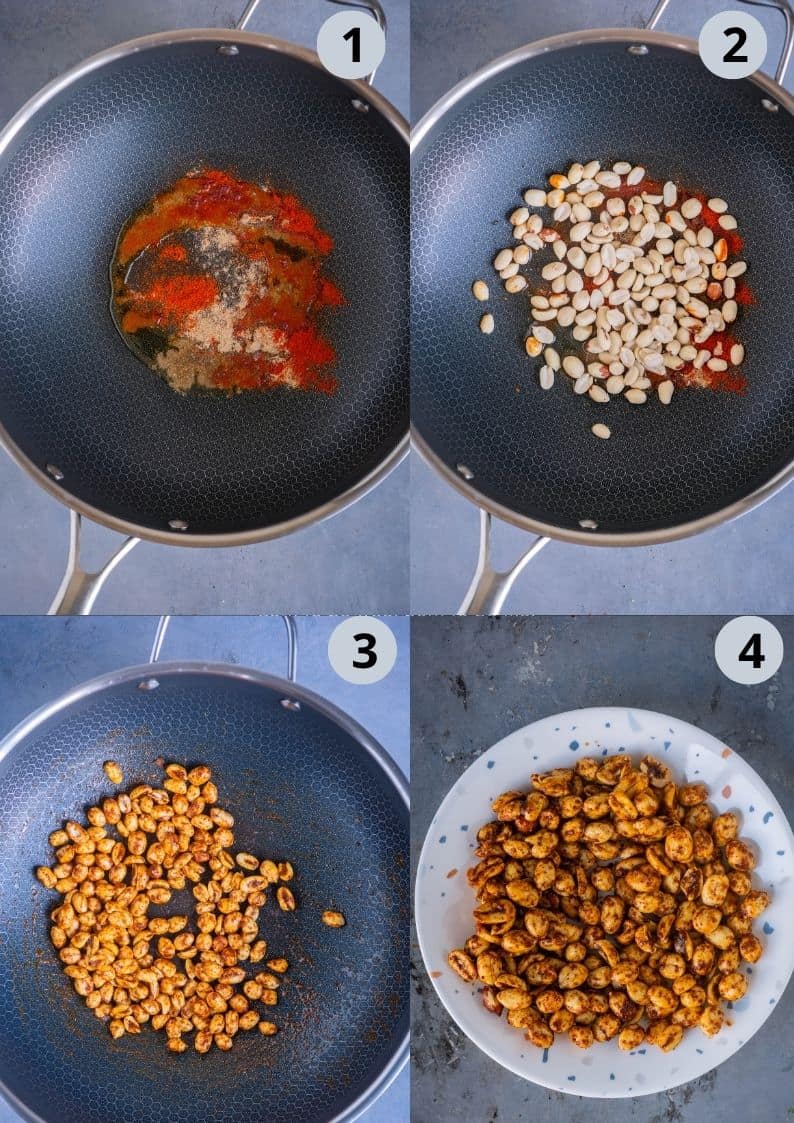 4 image collage showing how to make masala peanuts for Dabeli.