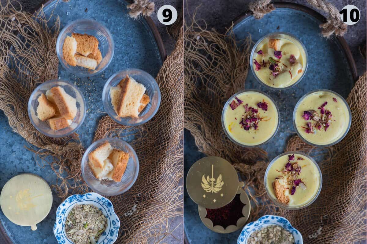 2 image collage showing how to assemble rabdi cheesecake.