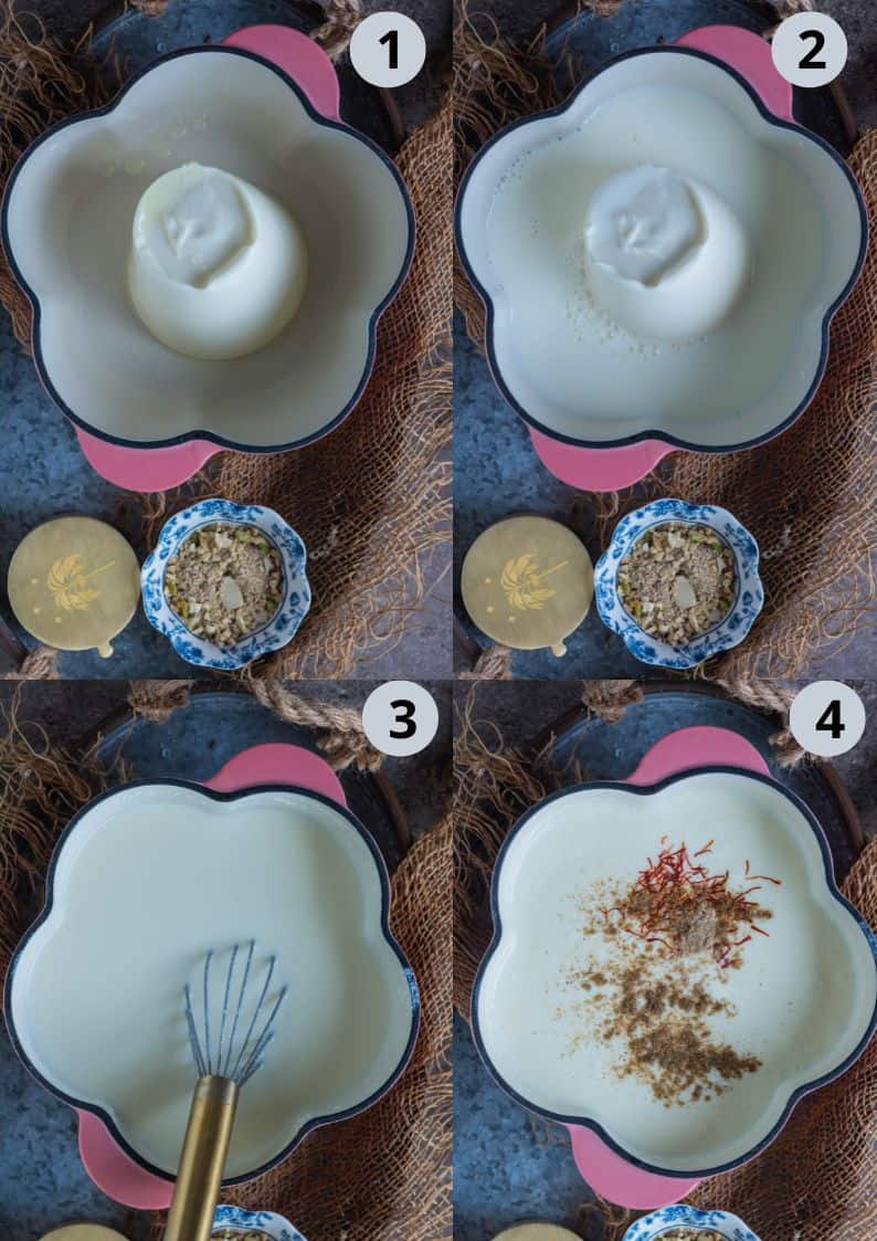 4 image collage showing the process of making instant rabdi cheesecake.
