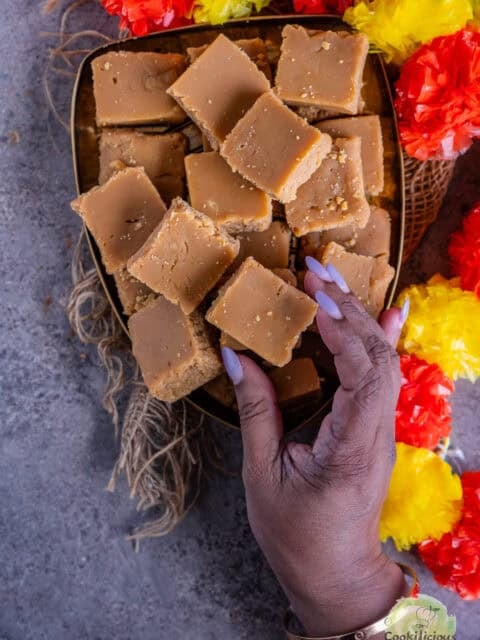 Biscoff Mysore Pak served on a festive plate, ideal for Diwali gifting.