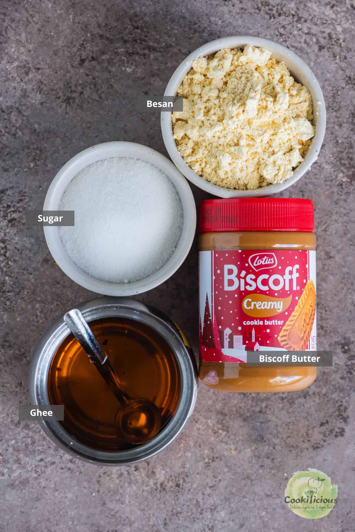 all the ingredients needed to make South Indian traditional Mysore Pak placed on a table with labels on them.