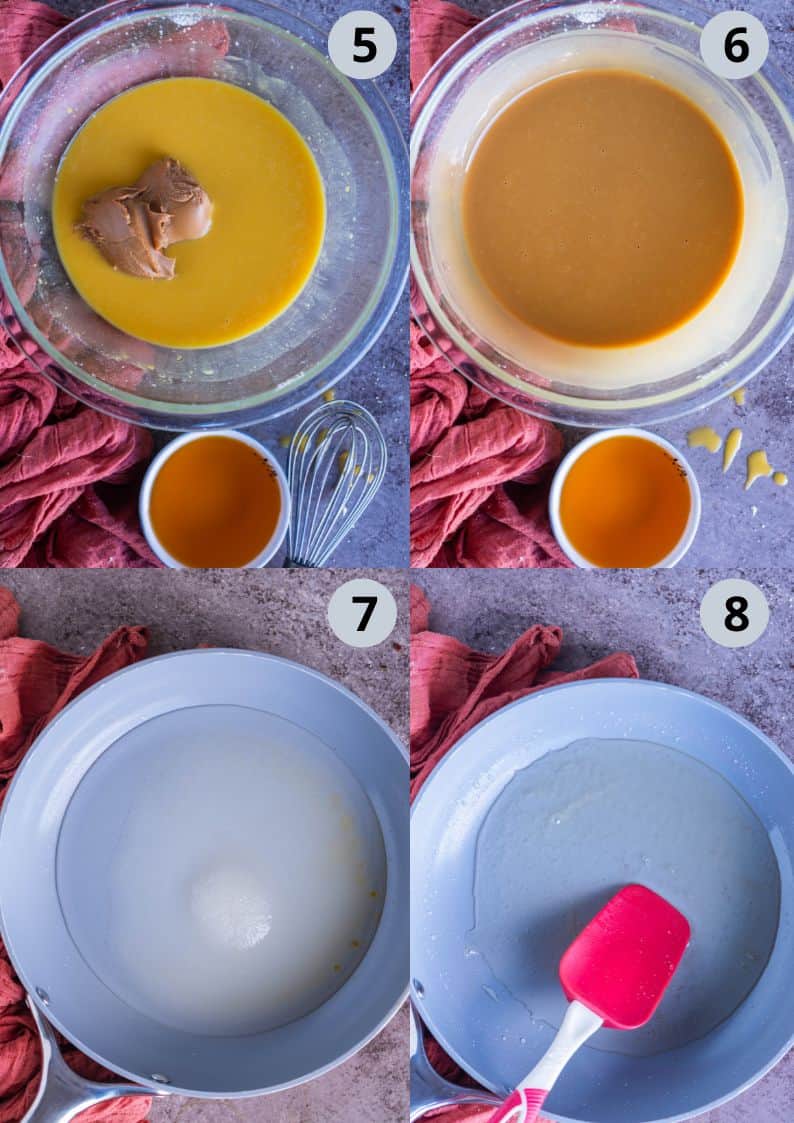 4 image collage showing the process of making homemade Mysore Pakku with biscoff.