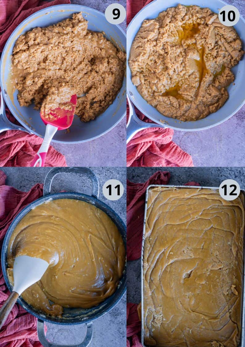 4 image collage showing the steps to make easy Mysore Pak using basic ingredients.