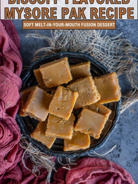 Freshly sliced Mysore Pakku with a glossy finish and fine air pockets — made with besan, ghee, sugar, and Biscoff spread for a rich caramel-spiced flavor and text at the top and bottom.