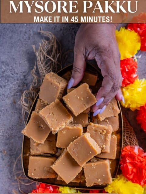 Golden Mysore Pak pieces, ready to serve and text at the top and bottom.
