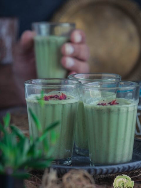 Colorful Meetha Paan Shots on a tray, perfect after-meal Indian dessert drink with gulkand and minty paan flavor.