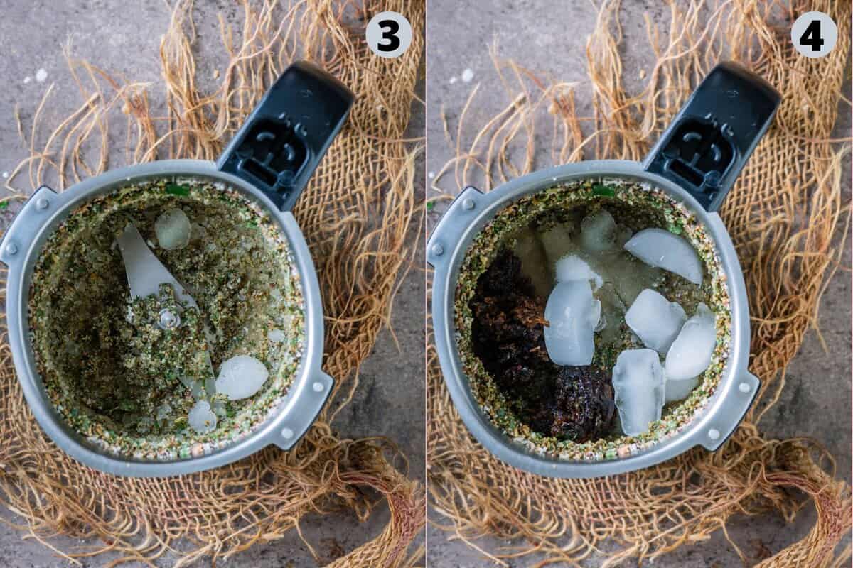 2 image collage showing the process of making paan shots with gulkand.