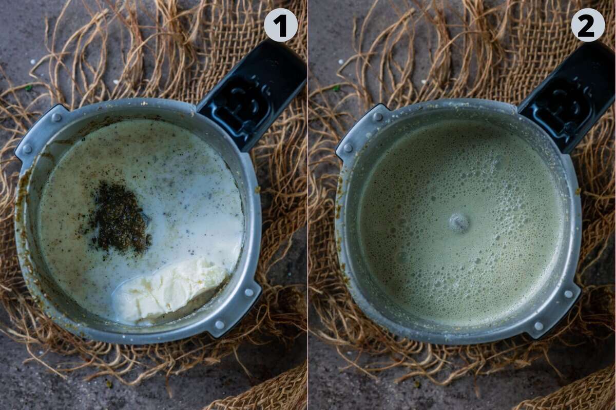 2 image collage showing how to make homemade Meetha Paan Shots with green paan leaves and floral gulkand flavor.
