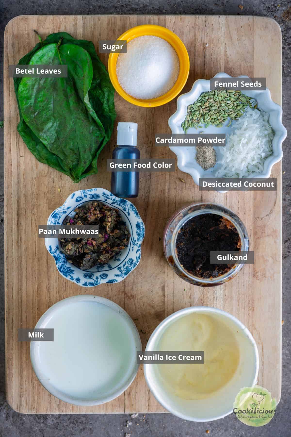 all the ingredients needed to make meetha paan shots placed on a table with labels on them.