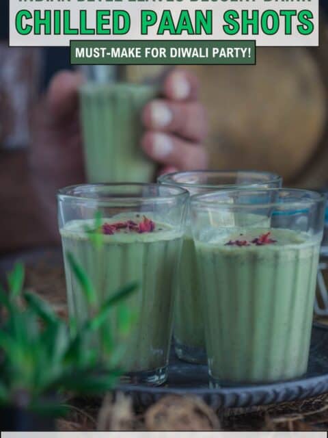 Vibrant Meetha Paan Shots garnished with chopped paan leaves, quick and exotic Indian dessert beverage and text at the top and bottom.