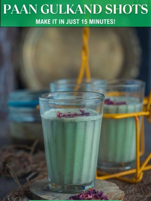Chilled Indian Paan Shots in small glasses, sweet and fragrant dessert beverage and text at the top and bottom.