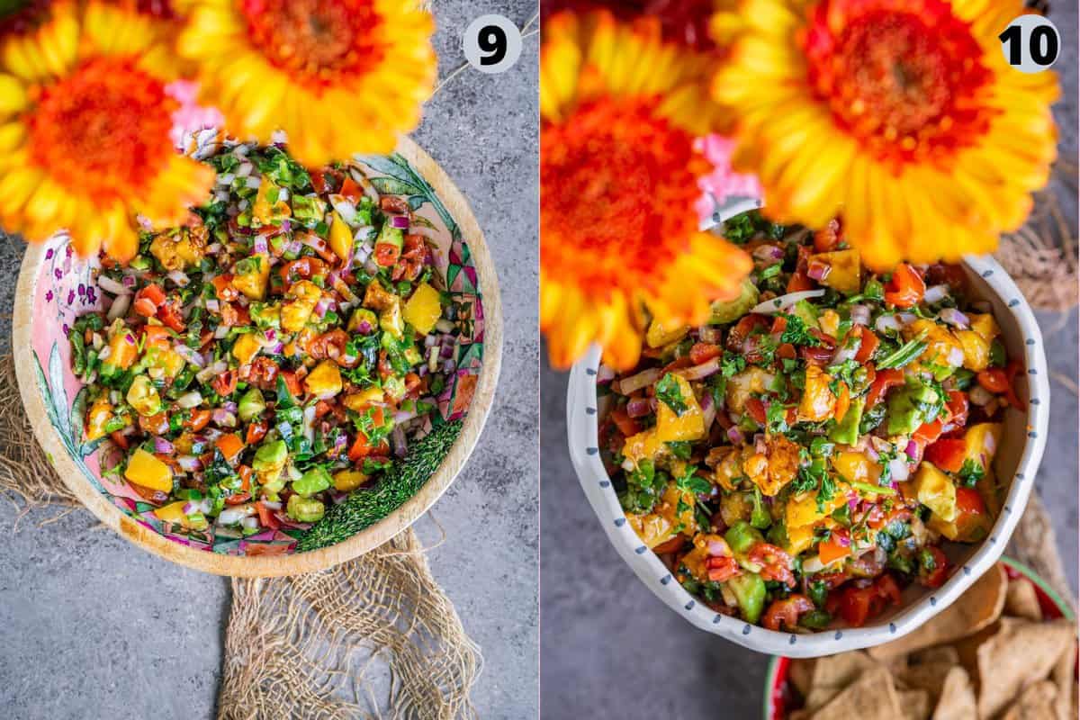 2 image collage showing the steps to make spicy-sweet peach salsa dip at home.